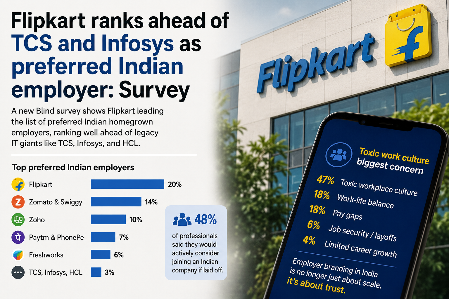 Flipkart Ranks Ahead of TCS and Infosys as Preferred Indian Employer: Survey