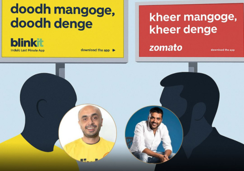Minimal Blinkit and Zomato billboards with humorous cultural-moment copy