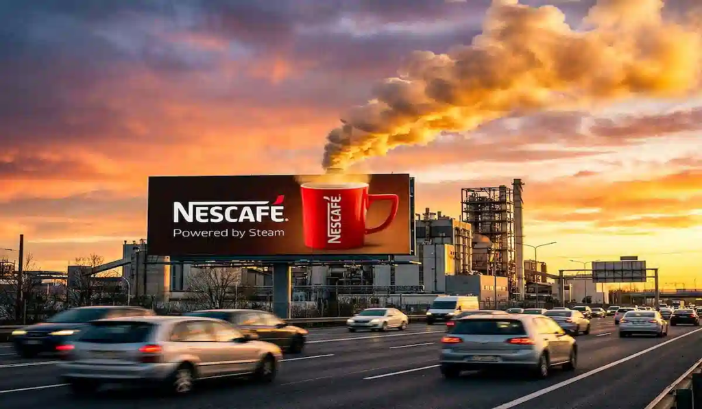 Nescafé billboard mug aligned with a factory chimney so smoke appears to pour as coffee steam